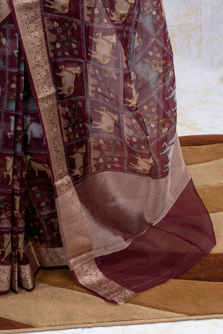 Burgundy Pink Organza Silk Banarasi Saree