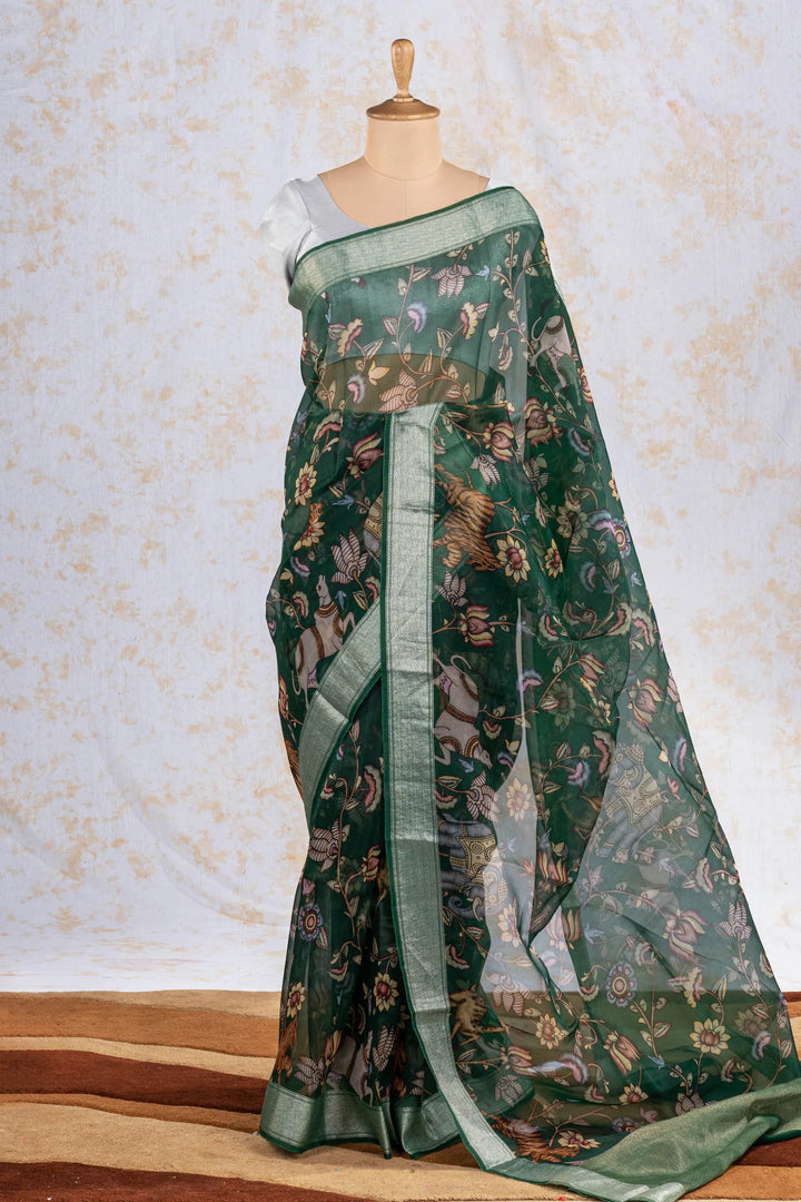 Bottle Green Organza Silk Banarasi Saree