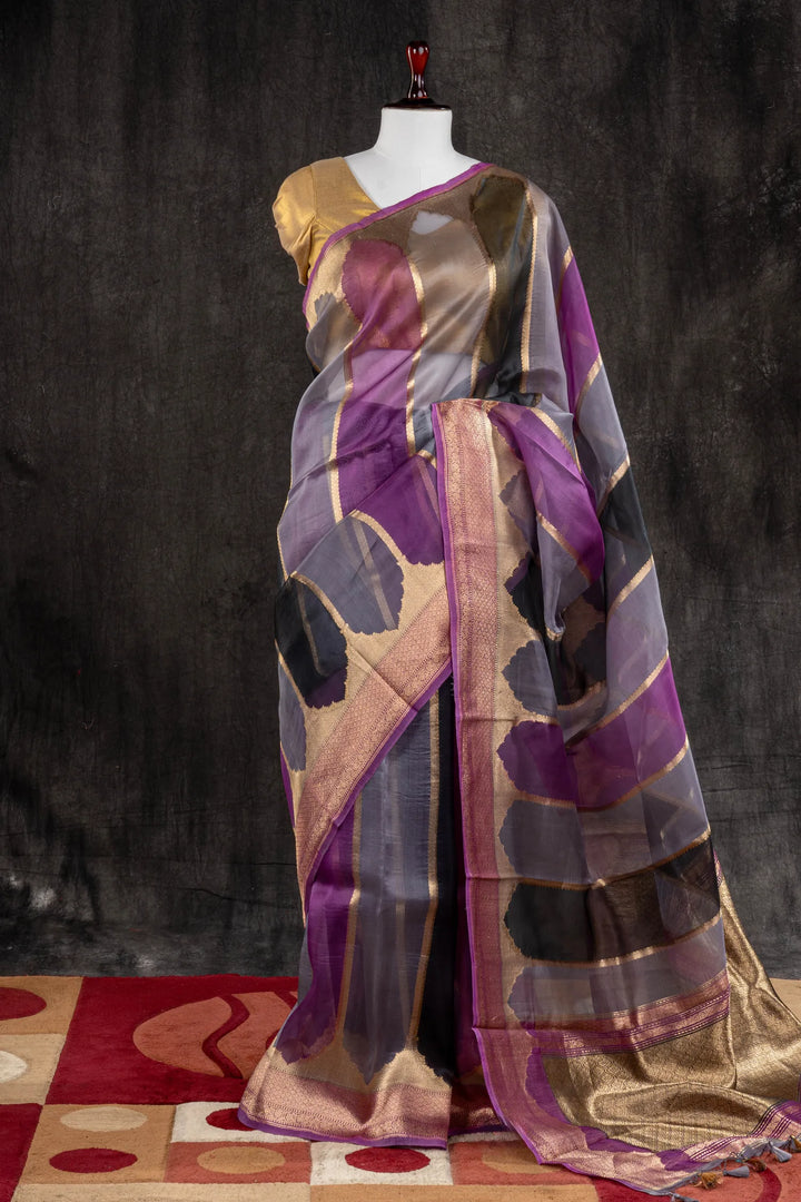 Grey and Black Organza Silk Banarasi Saree