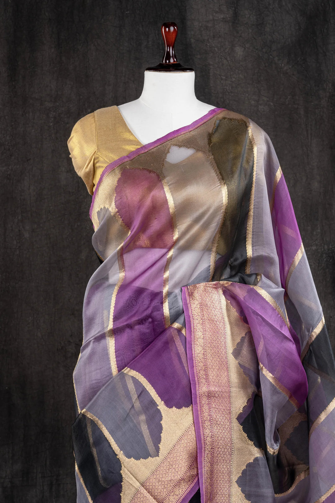 Grey and Black Organza Silk Banarasi Saree_2