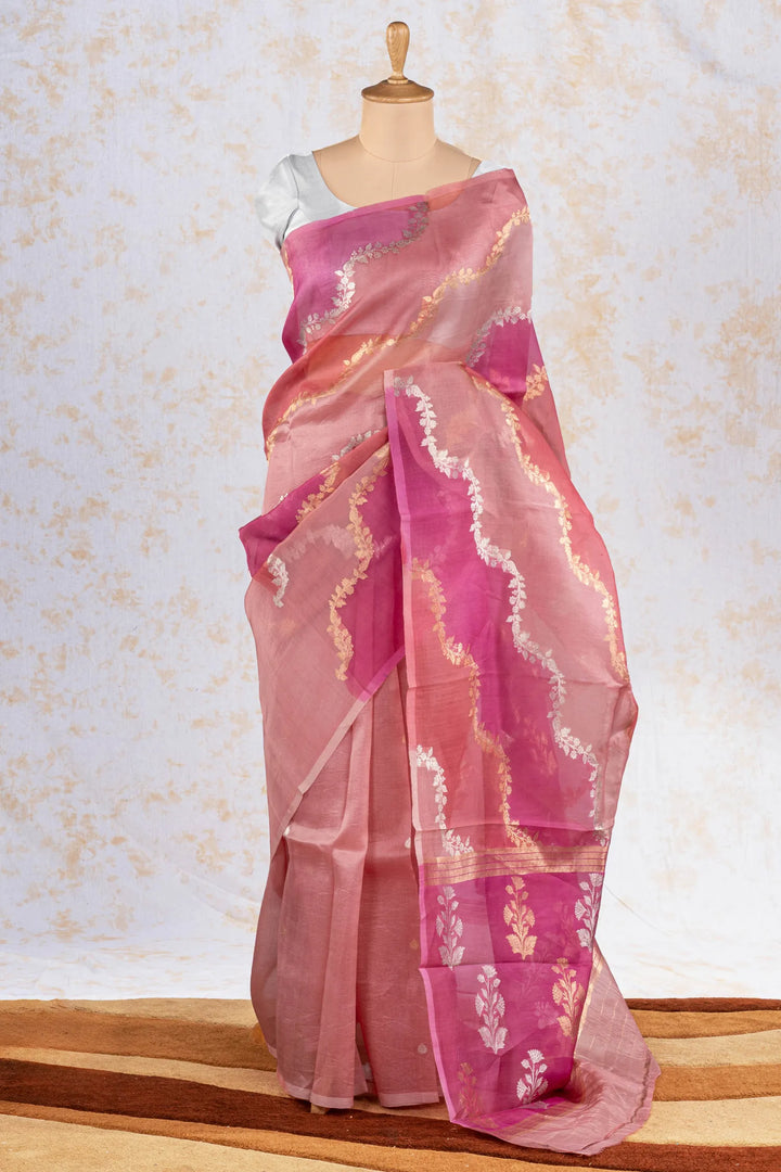 Coral Pink Organza Silk Banarasi Saree