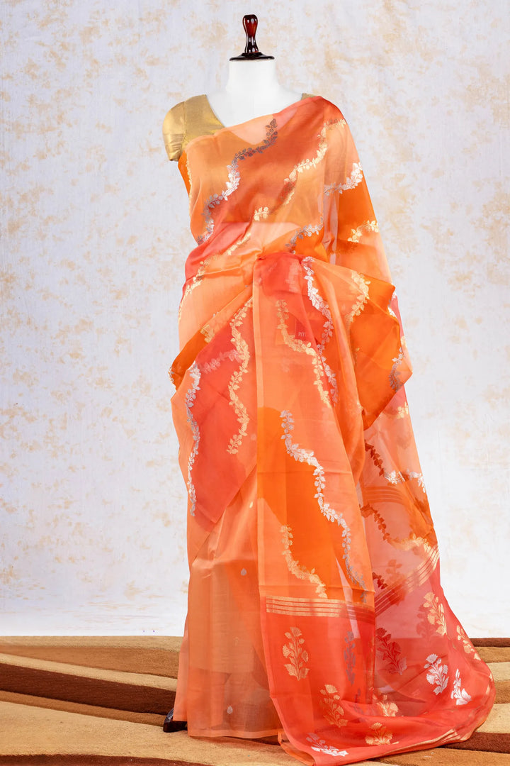 Orange Organza Silk Banarasi Saree