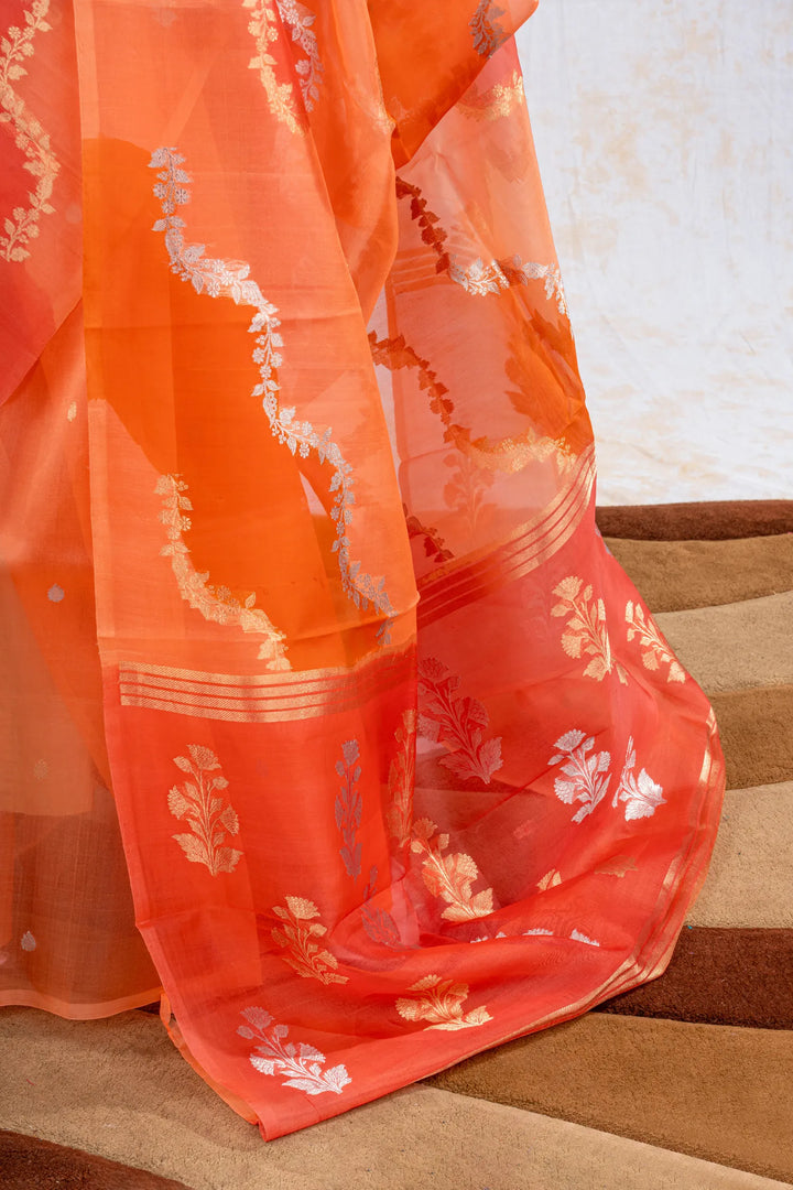 Orange Organza Silk Banarasi Saree