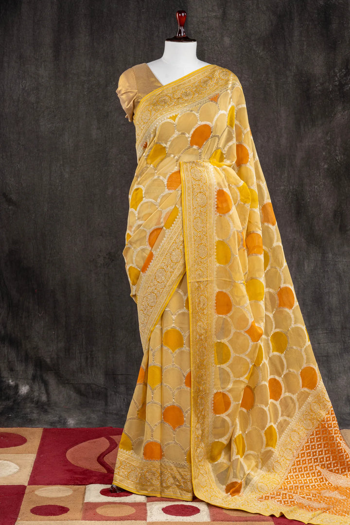 Orange Khaddi Georgette Silk Banarasi Saree