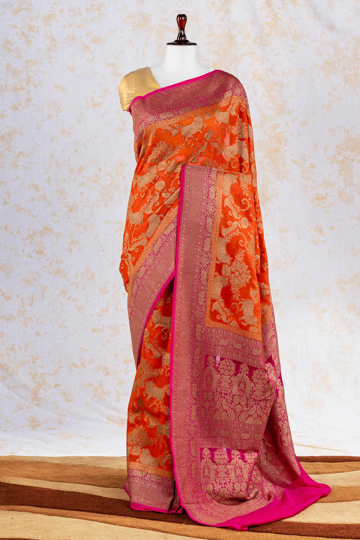 Fanta Orange Khaddi Georgette Silk Banarasi Saree