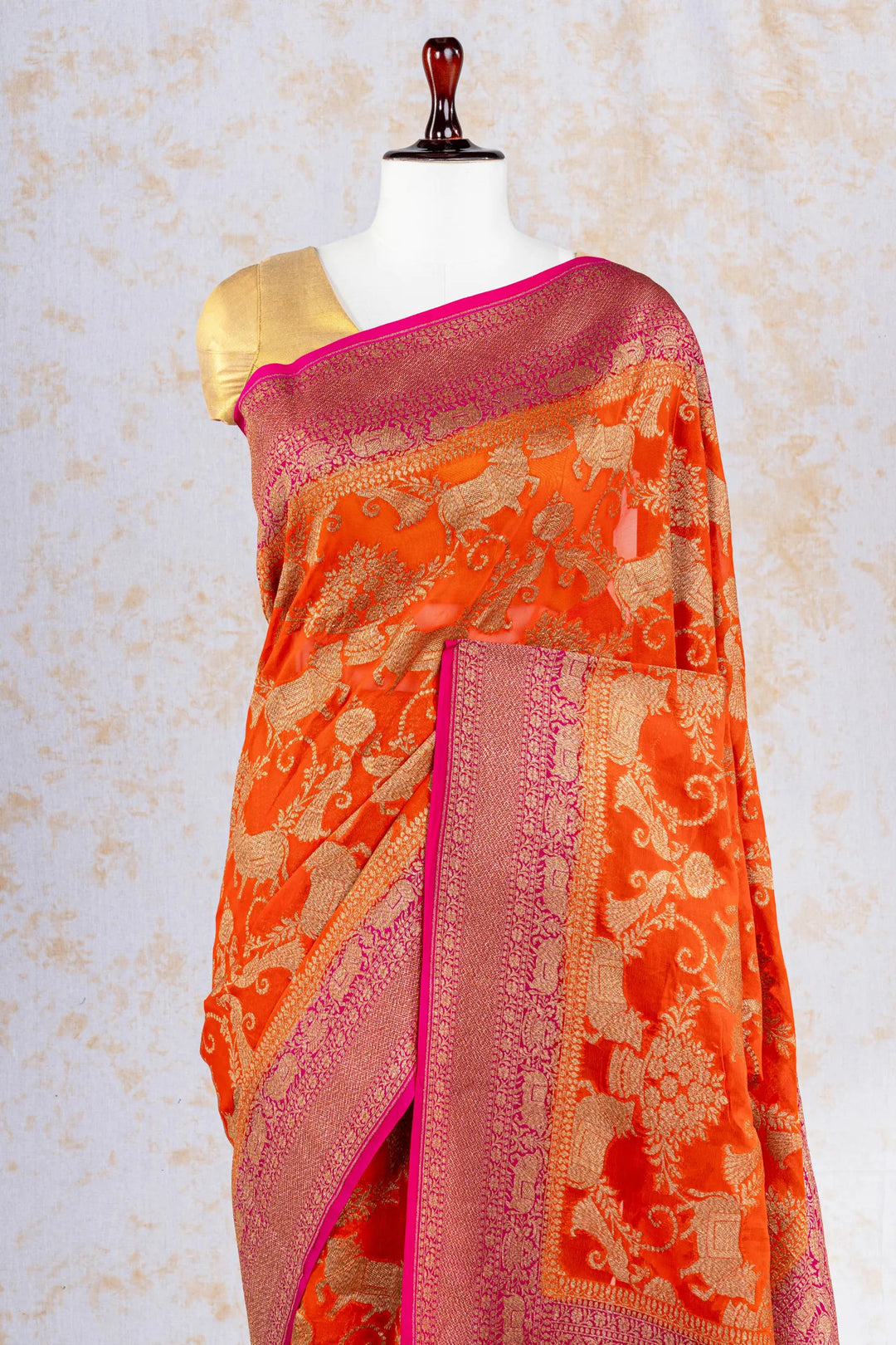 Fanta Orange Khaddi Georgette Silk Banarasi Saree_2