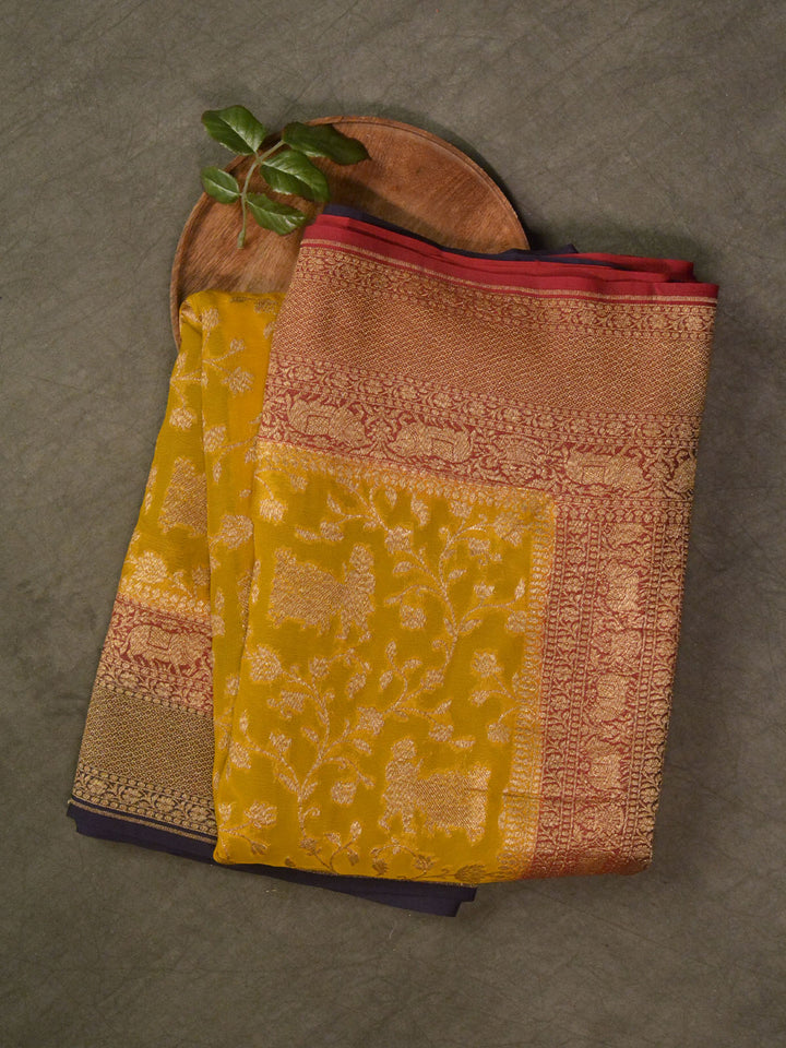 Mustard Yellow Khaddi Georgette Silk Banarasi Saree SA194YLW