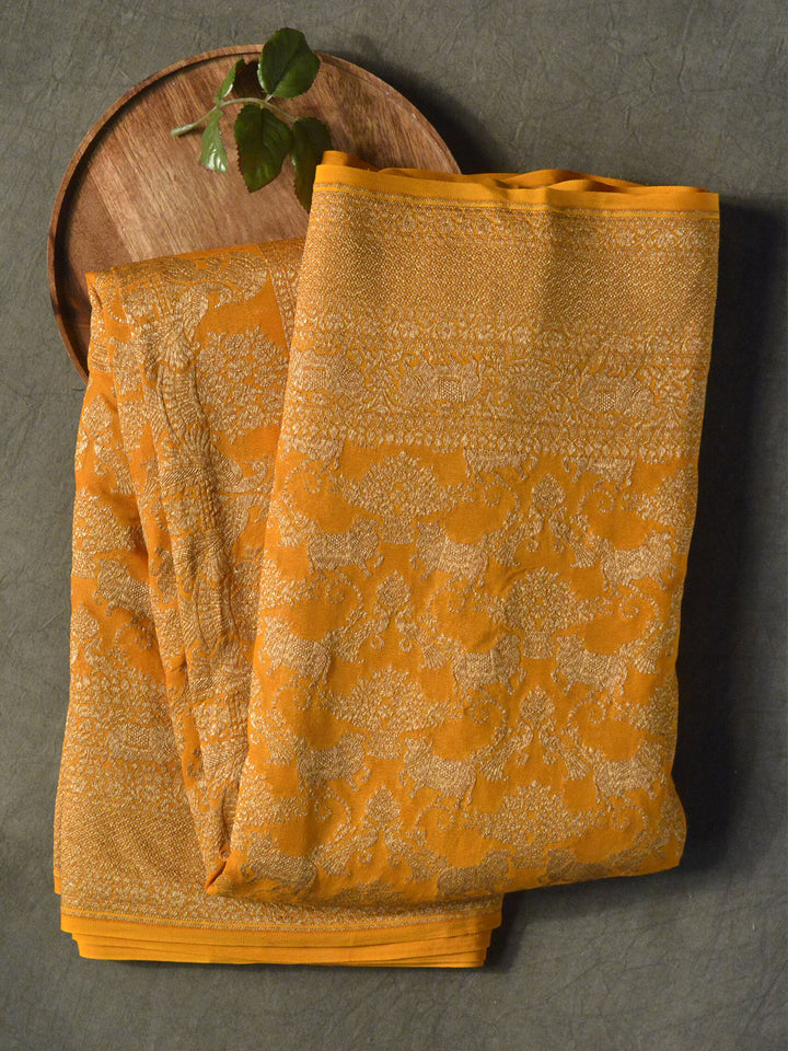 Mustard Yellow Khaddi Georgette Silk Banarasi Saree SA204YLW