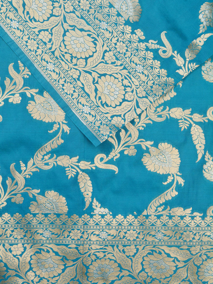 Turquoise Blue Semi Katan Banarasi Saree